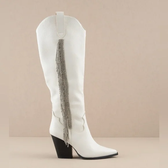 Rhinestone Fringe Knee High Western Boots - Oasis Society